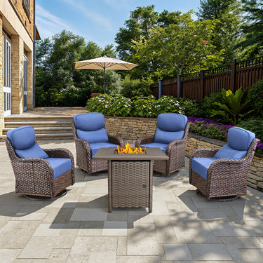Belord 6-inch cushion patio fire pit set with brown wicker swivel chairs and rectangular fire table with wind guard for outdoor warmth