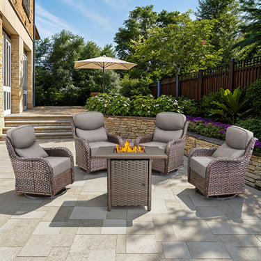 Belord 6-inch cushion small patio fire pit set with brown wicker swivel chairs and rectangular fire table with wind guard.