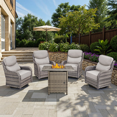 Belord 6-inch cushion small patio fire pit set with high back swivel chairs and rectangular fire table with wind guard in wicker and beige cushions.