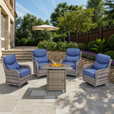 Belord 6-inch cushion patio fire pit set with high back swivel chairs and rectangular fire table with wind guard in grey wicker.