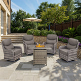 Belord 6-inch cushion patio fire pit set with high-back swivel chairs and rectangular fire table with wind guard in grey wicker.
