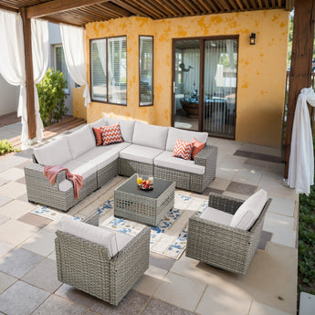 Luxury 8-Pc Outdoor Conversation Set - Modular Sectional + Swivel Rockers + Glass Table, PAD Series - Belord