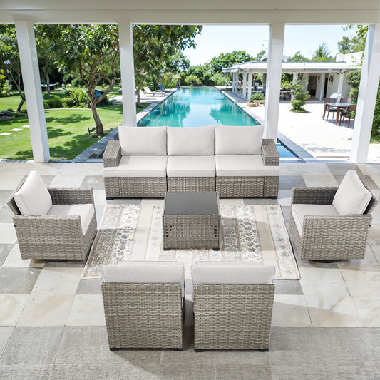 Luxury 8-Pc Outdoor Conversation Set - Modular Sectional + Swivel Rockers + Glass Table, PAD Series