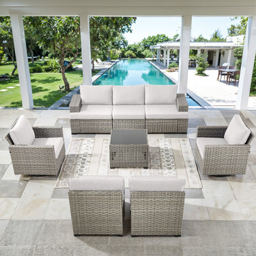 Luxury 8-Pc Outdoor Conversation Set - Modular Sectional + Swivel Rockers + Glass Table, PAD Series - Belord