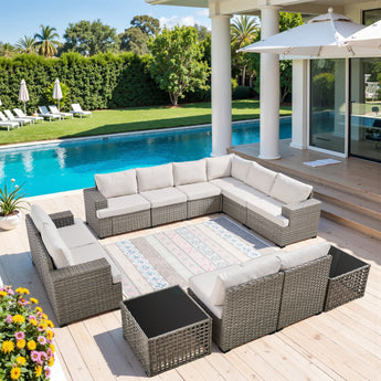 10-Seater Grand Patio Conversation Set - Modular Wicker Sectional Sofa with Glass Coffee Table, PAD Series - Belord
