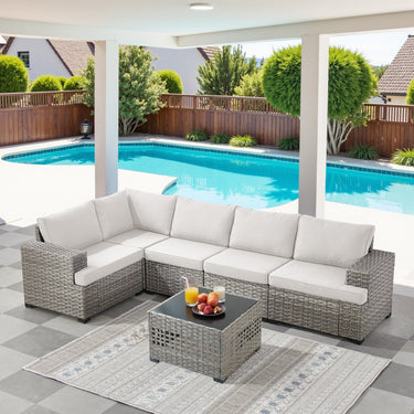 6-Piece Premium Wicker Patio Set - 5-Seater Modular Sectional with 10" Wide Armrests & Glass Coffee Table, PAD Series - Belord