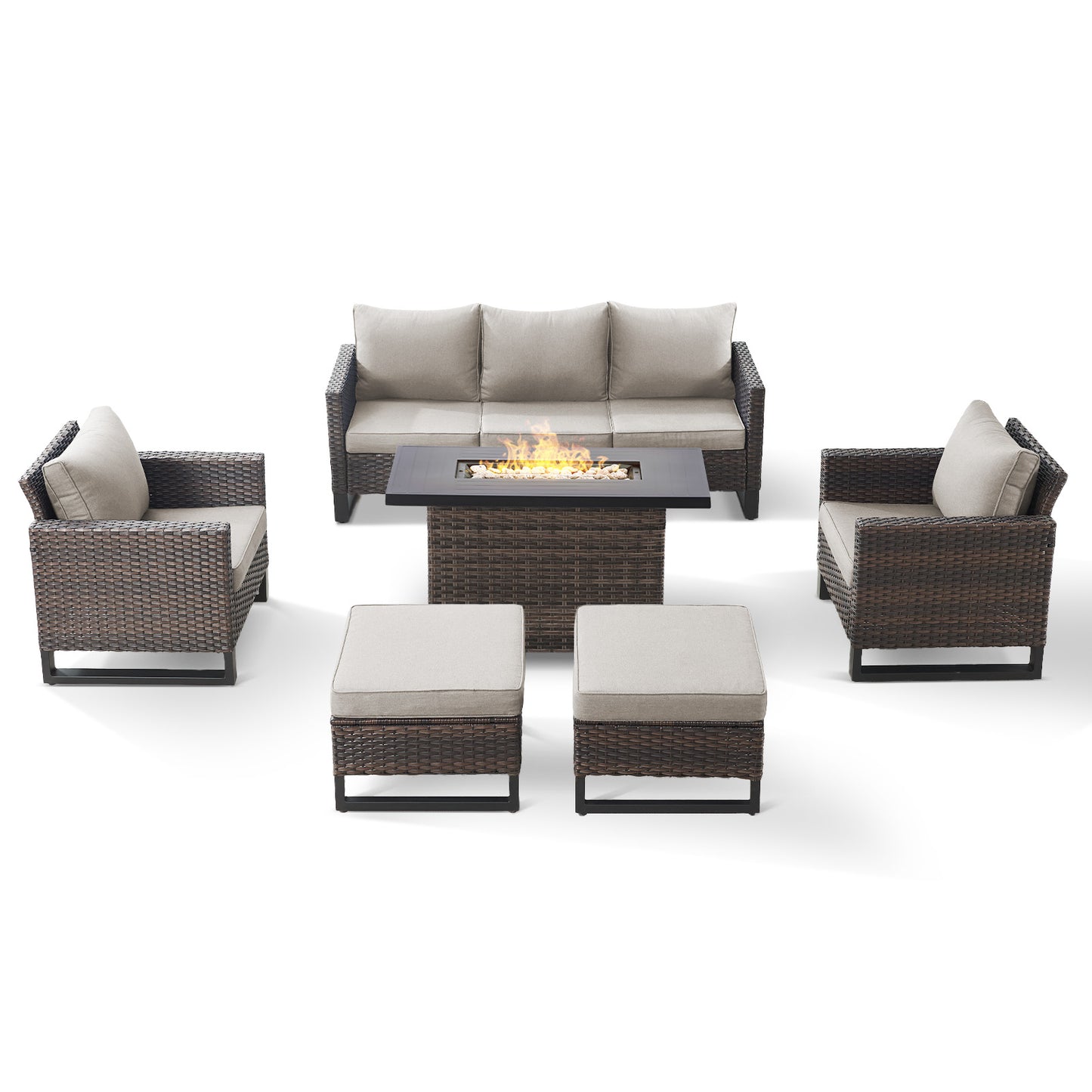 Patio Conversation Set 6-Piece with Sofa, Patio Chairs, Height-Adjustable Fire Pit Table, and Ottoman, GRS Series
