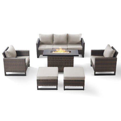 Patio Conversation Set 6-Piece with Sofa, Patio Chairs, Height-Adjustable Fire Pit Table, and Ottoman, GRS Series