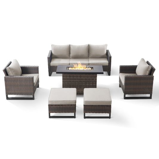Patio Conversation Set 6-Piece with Sofa, Patio Chairs, Height-Adjustable Fire Pit Table, and Ottoman, GRS Series
