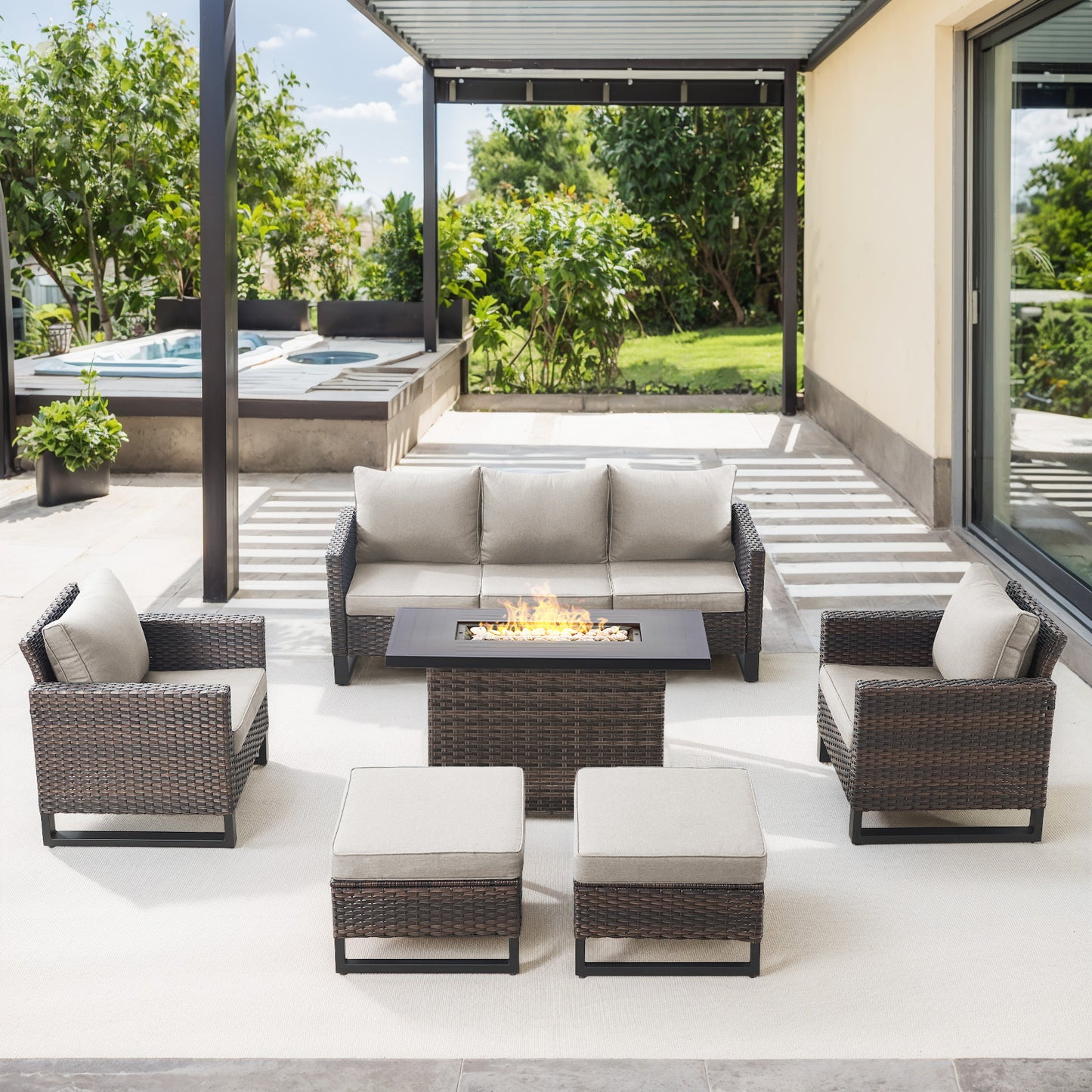 Patio Conversation Set 6-Piece with Sofa, Patio Chairs, Height-Adjustable Fire Pit Table, and Ottoman, GRS Series