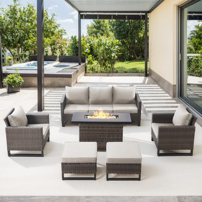 Patio Conversation Set 6-Piece with Sofa, Patio Chairs, Height-Adjustable Fire Pit Table, and Ottoman, GRS Series