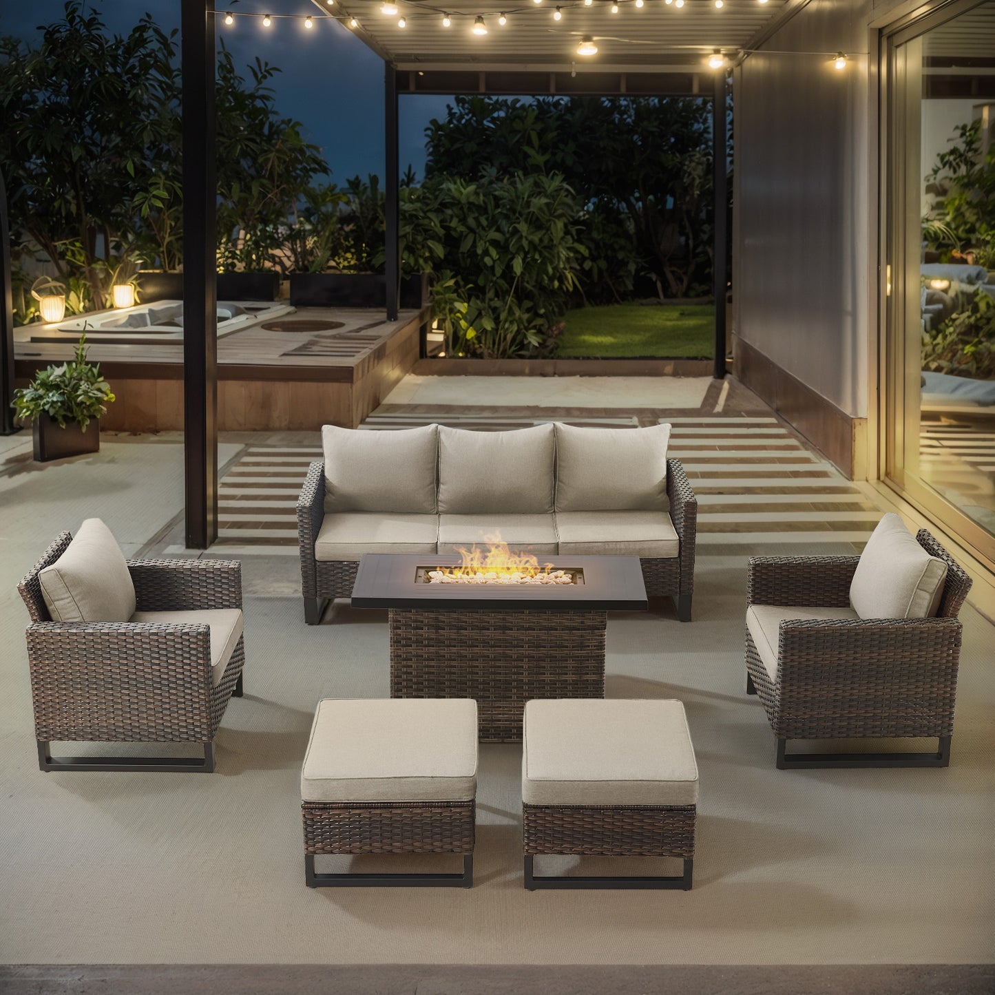 Patio Conversation Set 6-Piece with Sofa, Patio Chairs, Height-Adjustable Fire Pit Table, and Ottoman, GRS Series