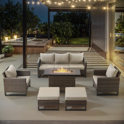 Patio Conversation Set 6-Piece with Sofa, Patio Chairs, Height-Adjustable Fire Pit Table, and Ottoman, GRS Series