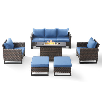 Patio Conversation Set 6-Piece with Sofa, Patio Chairs, Height-Adjustable Fire Pit Table, and Ottoman, GRS Series