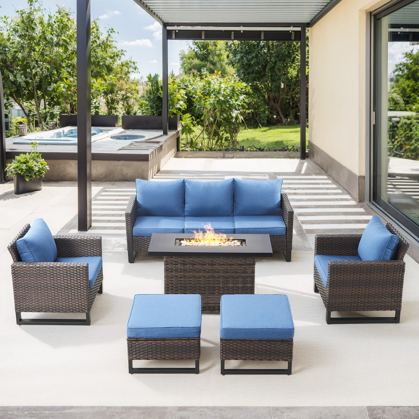 Patio Conversation Set 6-Piece with Sofa, Patio Chairs, Height-Adjustable Fire Pit Table, and Ottoman, GRS Series