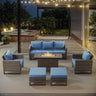 Belord 6-piece patio fire table set with height-adjustable fire pit table, outdoor seating arrangement in a modern design.