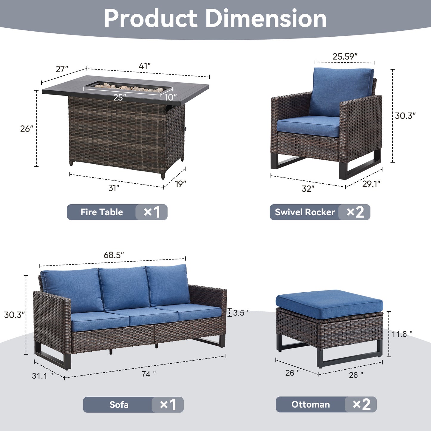 Patio Conversation Set 6-Piece with Sofa, Patio Chairs, Height-Adjustable Fire Pit Table, and Ottoman, GRS Series