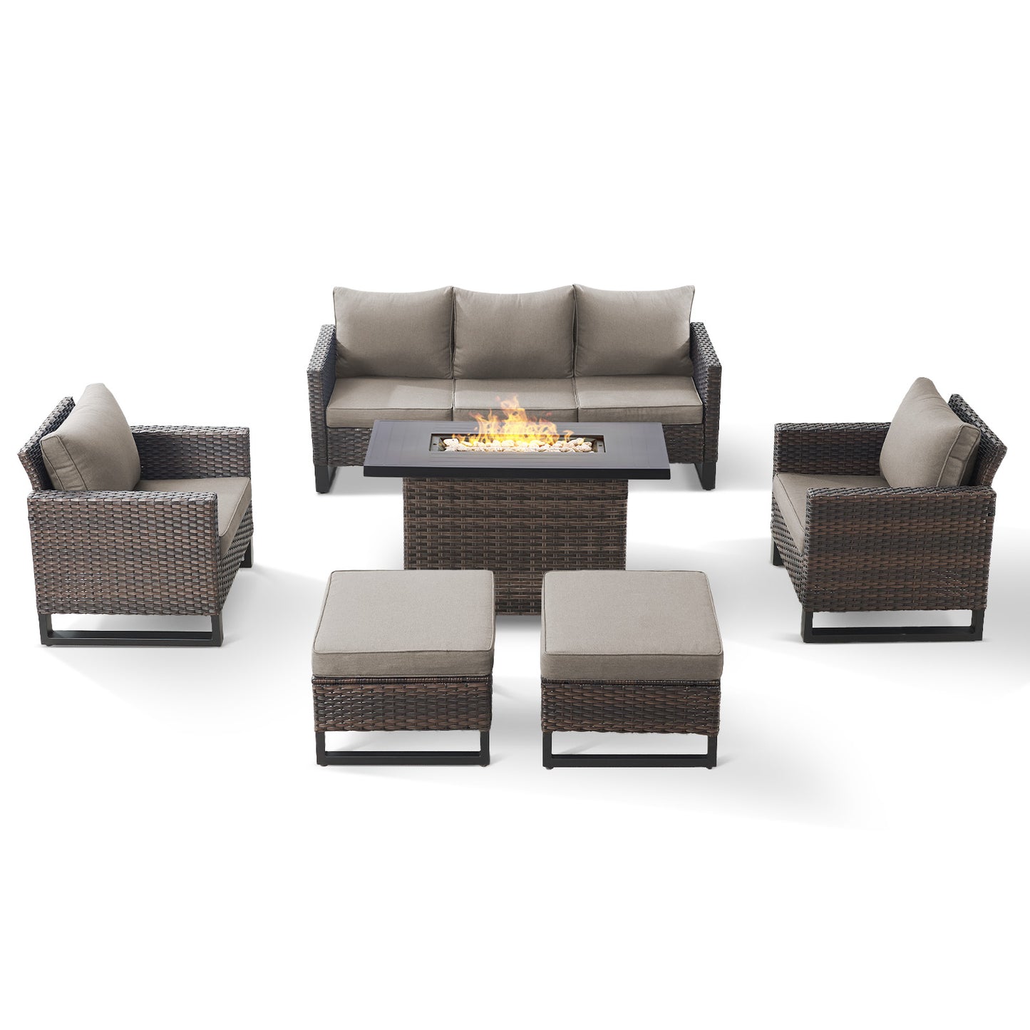 Patio Conversation Set 6-Piece with Sofa, Patio Chairs, Height-Adjustable Fire Pit Table, and Ottoman, GRS Series