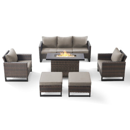 Patio Conversation Set 6-Piece with Sofa, Patio Chairs, Height-Adjustable Fire Pit Table, and Ottoman, GRS Series