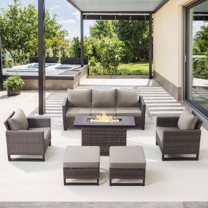Patio Conversation Set 6-Piece with Sofa, Patio Chairs, Height-Adjustable Fire Pit Table, and Ottoman, GRS Series