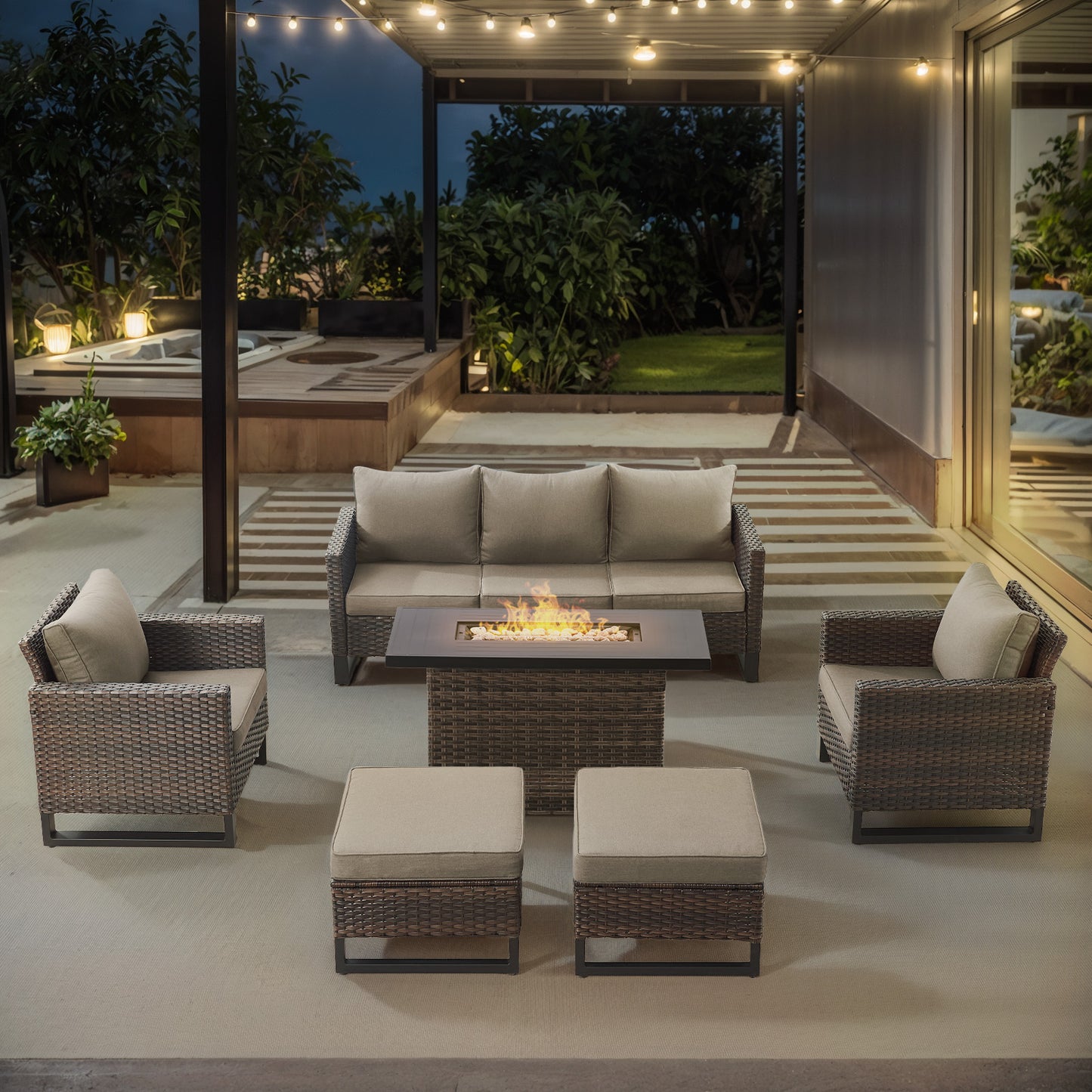Patio Conversation Set 6-Piece with Sofa, Patio Chairs, Height-Adjustable Fire Pit Table, and Ottoman, GRS Series