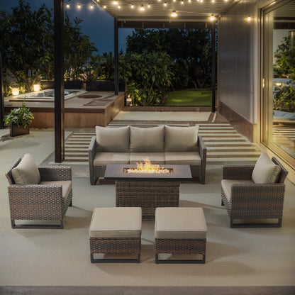 Patio Conversation Set 6-Piece with Sofa, Patio Chairs, Height-Adjustable Fire Pit Table, and Ottoman, GRS Series