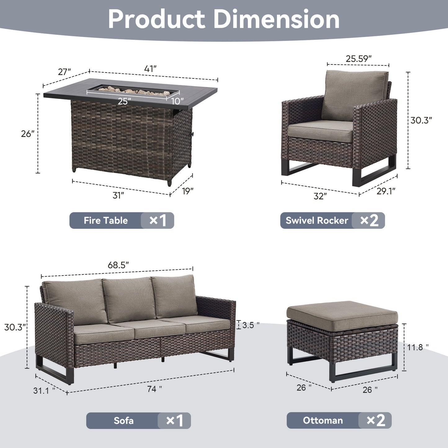Patio Conversation Set 6-Piece with Sofa, Patio Chairs, Height-Adjustable Fire Pit Table, and Ottoman, GRS Series