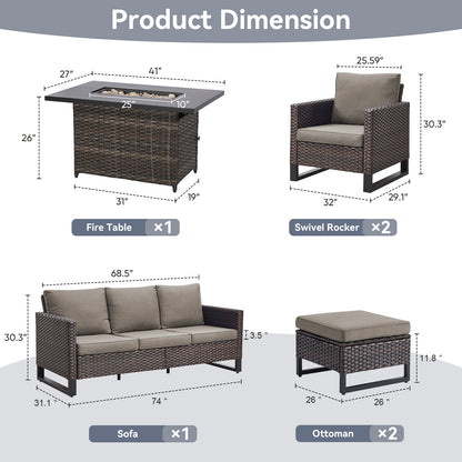 Patio Conversation Set 6-Piece with Sofa, Patio Chairs, Height-Adjustable Fire Pit Table, and Ottoman, GRS Series