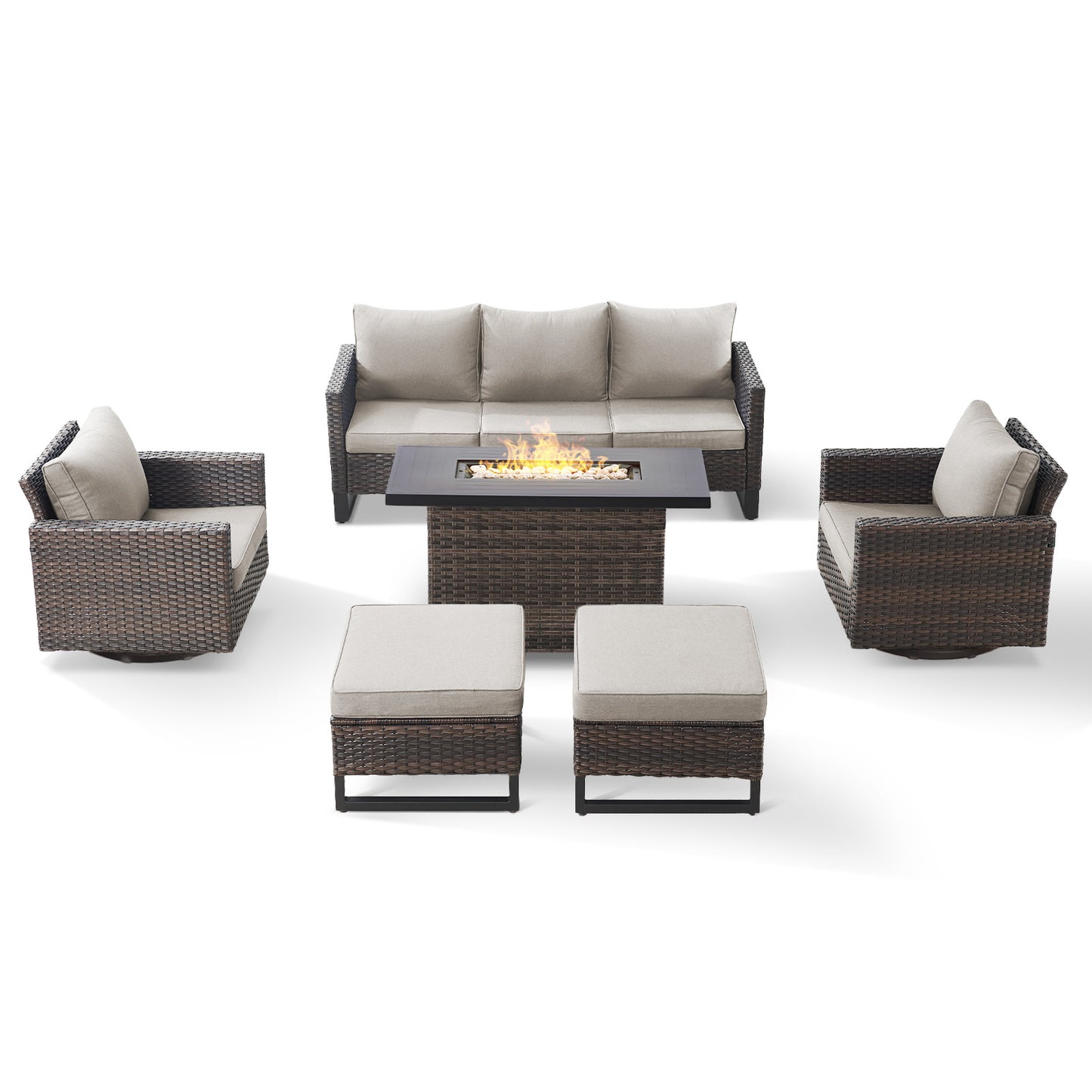 6-Piece All-Weather Outdoor Patio Furniture Set with Height-Adjustable Fire Pit Table, Couch, Swivel Chairs & Ottoman, GRS Series