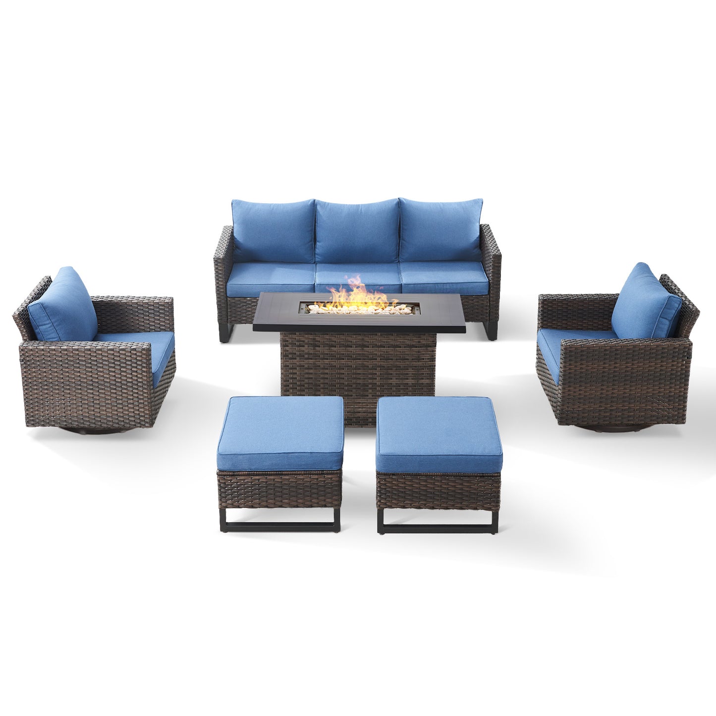 6-Piece All-Weather Outdoor Patio Furniture Set with Height-Adjustable Fire Pit Table, Couch, Swivel Chairs & Ottoman, GRS Series