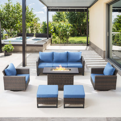 6-Piece All-Weather Outdoor Patio Furniture Set with Height-Adjustable Fire Pit Table, Couch, Swivel Chairs & Ottoman, GRS Series