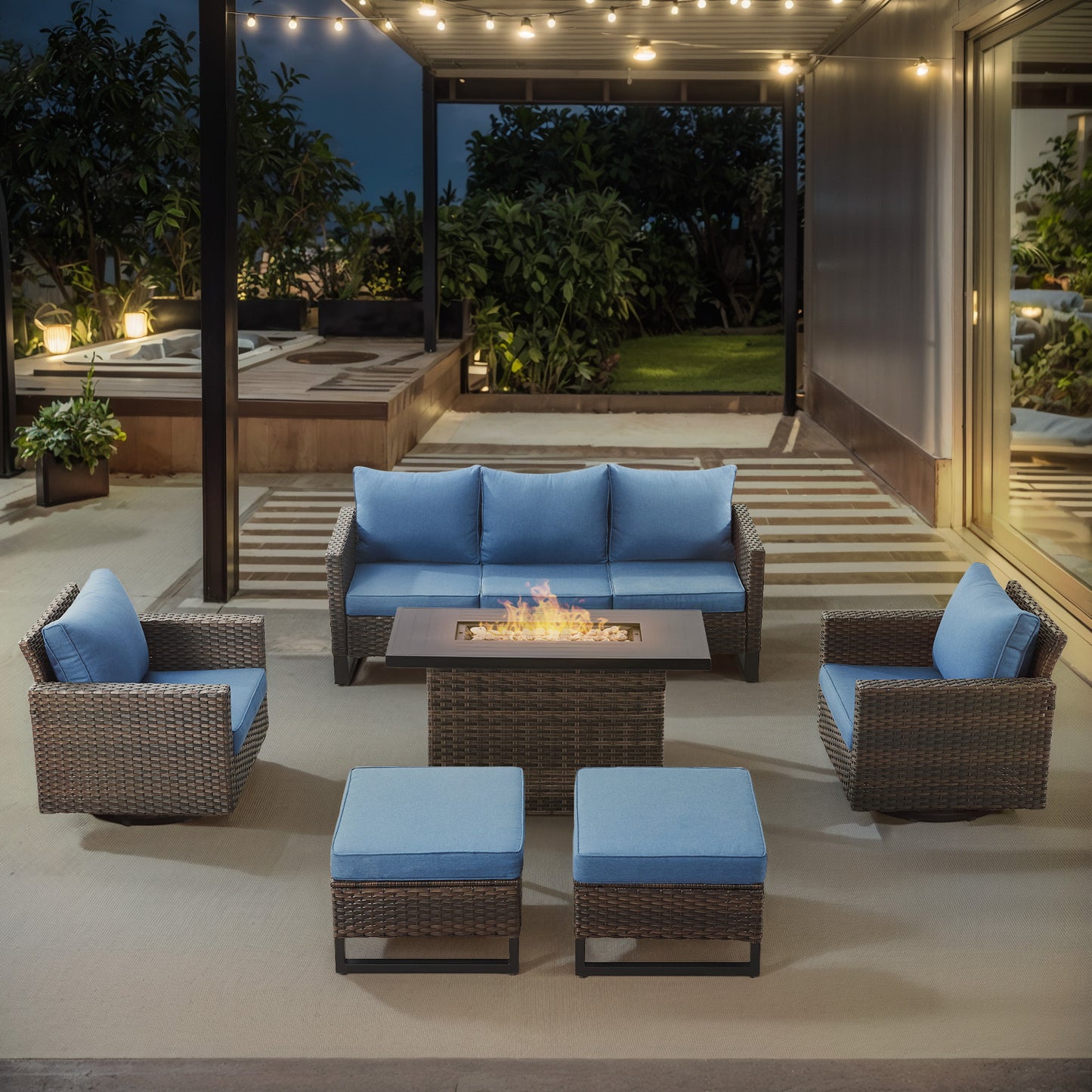 6-Piece All-Weather Outdoor Patio Furniture Set with Height-Adjustable Fire Pit Table, Couch, Swivel Chairs & Ottoman, GRS Series