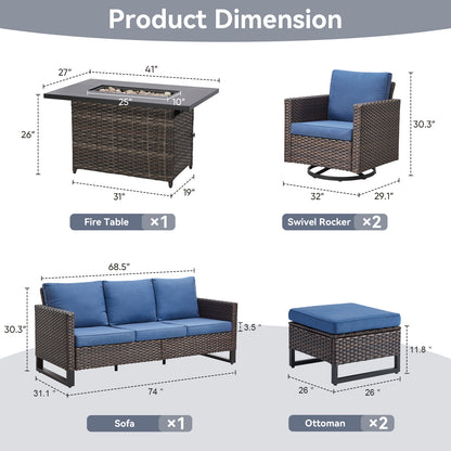 6-Piece All-Weather Outdoor Patio Furniture Set with Height-Adjustable Fire Pit Table, Couch, Swivel Chairs & Ottoman, GRS Series