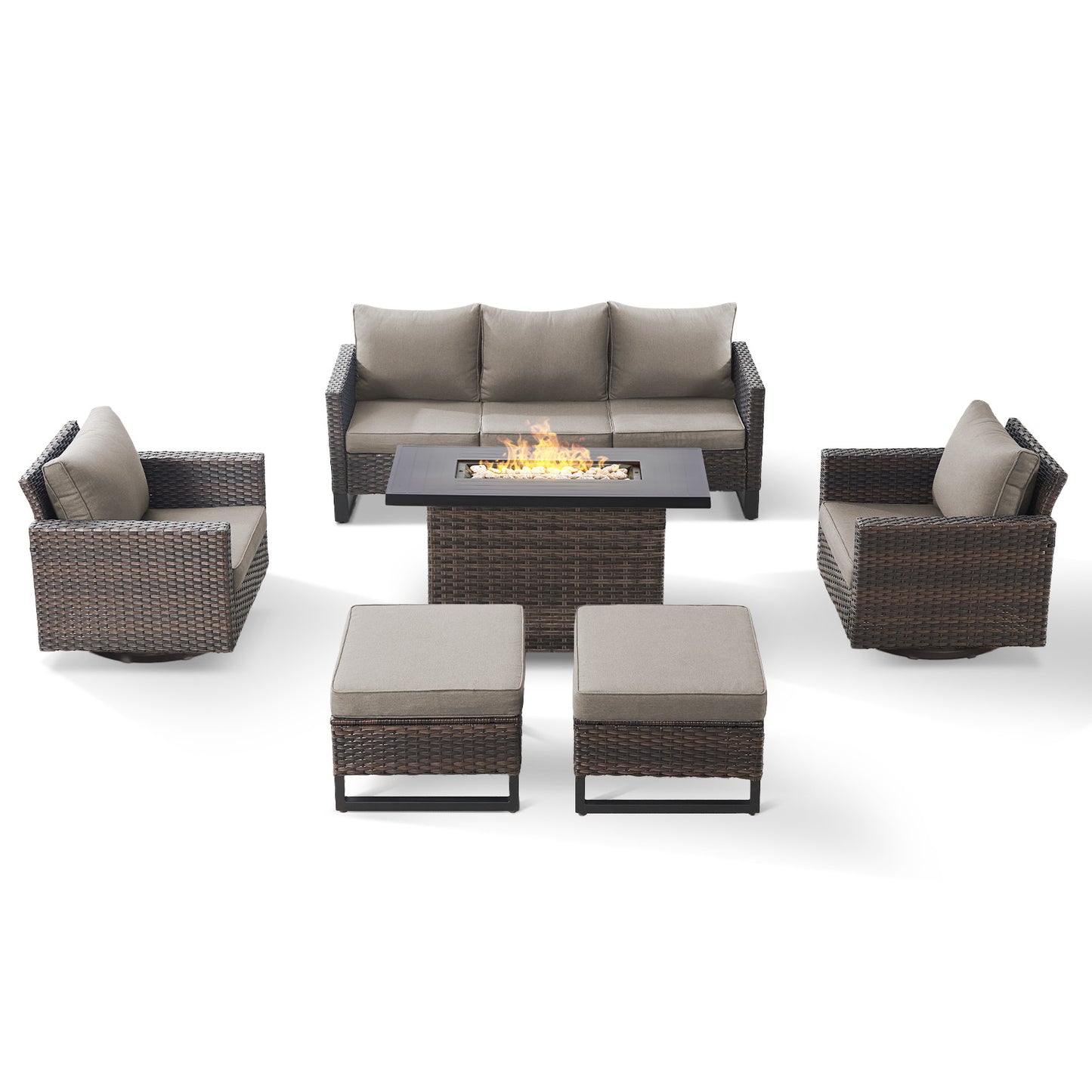 6-Piece All-Weather Outdoor Patio Furniture Set with Height-Adjustable Fire Pit Table, Couch, Swivel Chairs & Ottoman, GRS Series