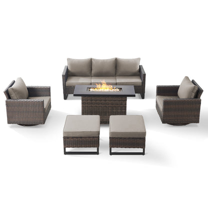 6-Piece All-Weather Outdoor Patio Furniture Set with Height-Adjustable Fire Pit Table, Couch, Swivel Chairs & Ottoman, GRS Series