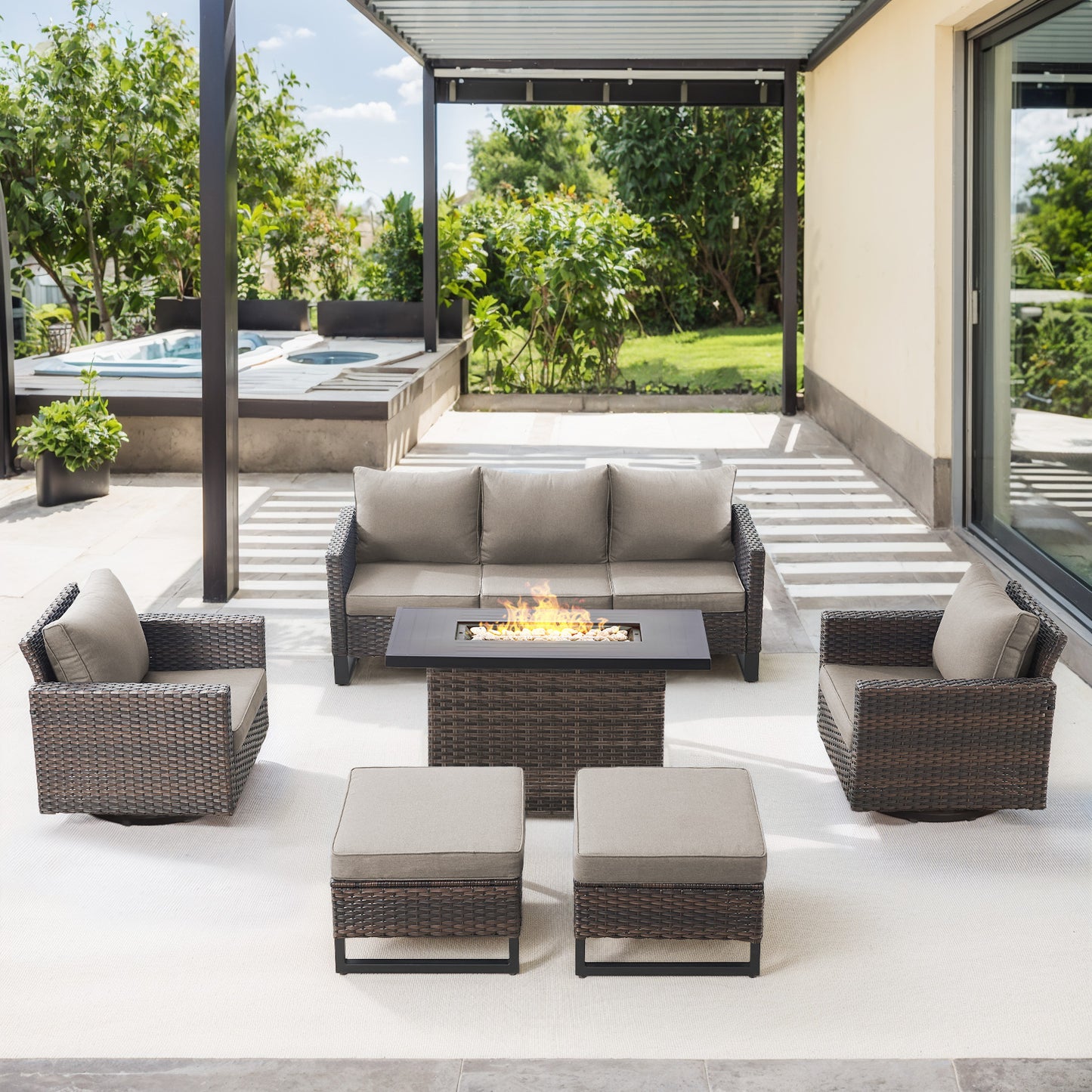 6-Piece All-Weather Outdoor Patio Furniture Set with Height-Adjustable Fire Pit Table, Couch, Swivel Chairs & Ottoman, GRS Series