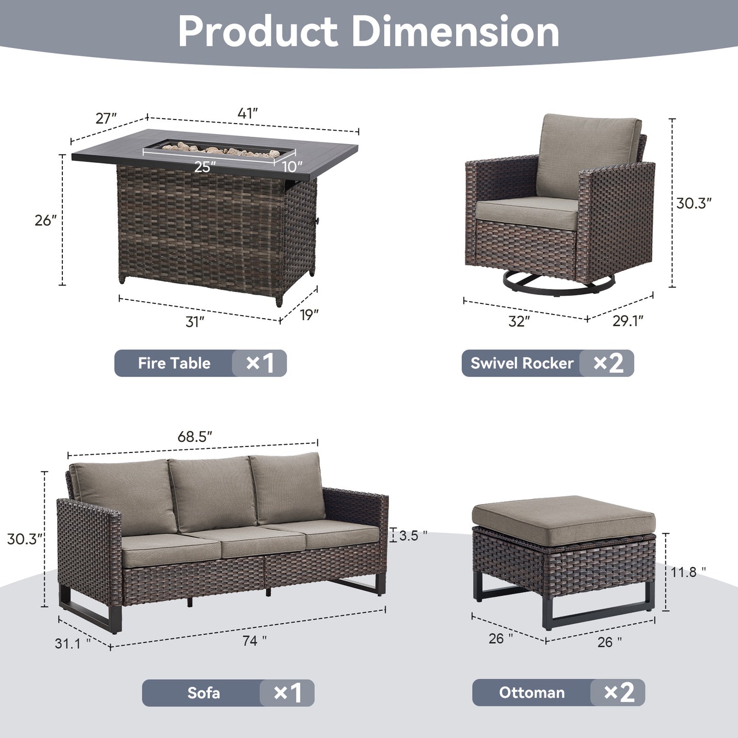 6-Piece All-Weather Outdoor Patio Furniture Set with Height-Adjustable Fire Pit Table, Couch, Swivel Chairs & Ottoman, GRS Series