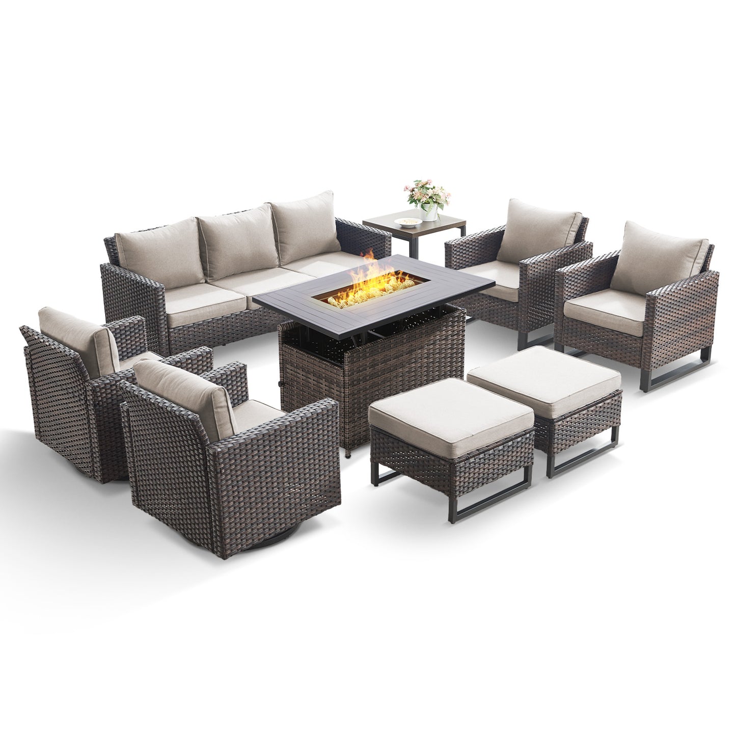 Patio Conversation Set 9-Piece with Sofa, Swivel Glider Chairs, Patio Chairs, Rectangular Adjustable Fire Pit Table, Side Table, and Ottoman, GRS Series