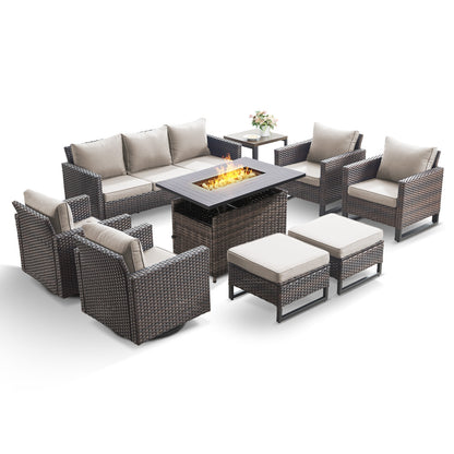 Patio Conversation Set 9-Piece with Sofa, Swivel Glider Chairs, Patio Chairs, Rectangular Adjustable Fire Pit Table, Side Table, and Ottoman, GRS Series