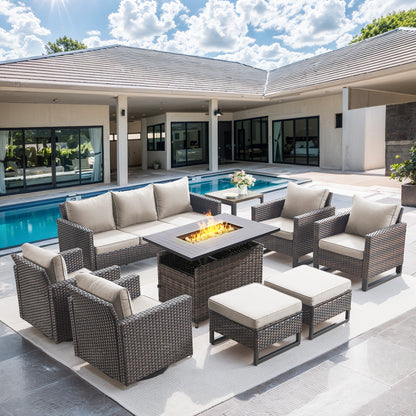 Patio Conversation Set 9-Piece with Sofa, Swivel Glider Chairs, Patio Chairs, Rectangular Adjustable Fire Pit Table, Side Table, and Ottoman, GRS Series