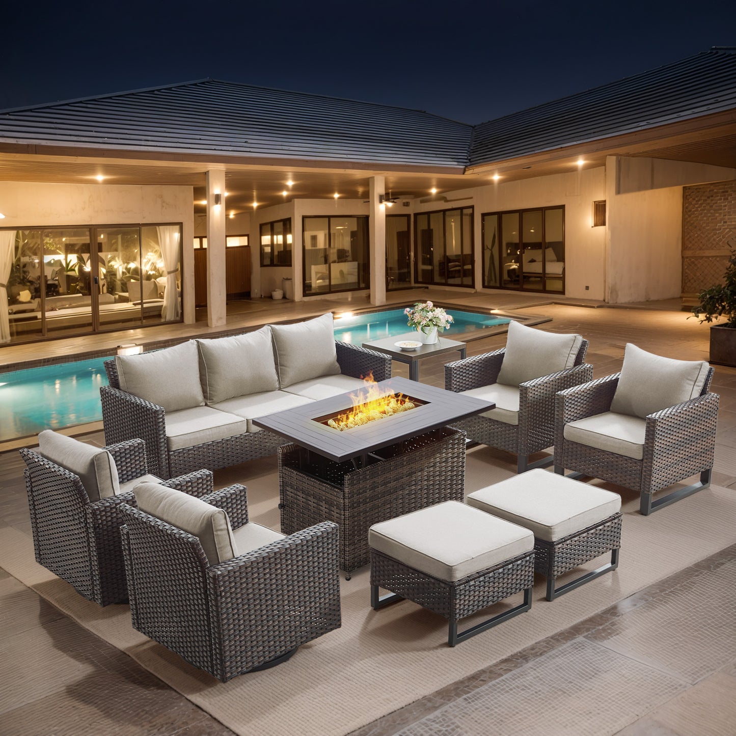 Patio Conversation Set 9-Piece with Sofa, Swivel Glider Chairs, Patio Chairs, Rectangular Adjustable Fire Pit Table, Side Table, and Ottoman, GRS Series