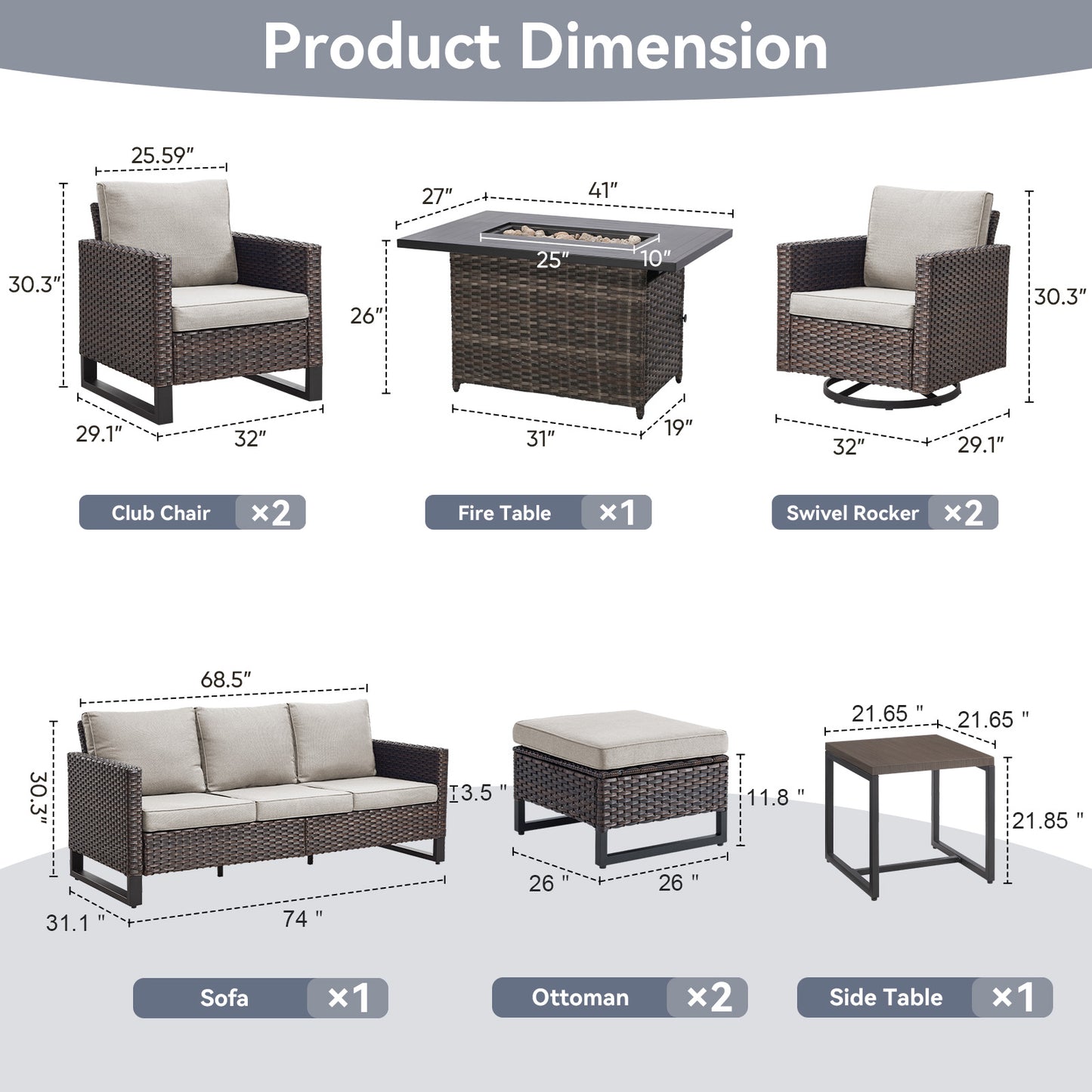 Patio Conversation Set 9-Piece with Sofa, Swivel Glider Chairs, Patio Chairs, Rectangular Adjustable Fire Pit Table, Side Table, and Ottoman, GRS Series