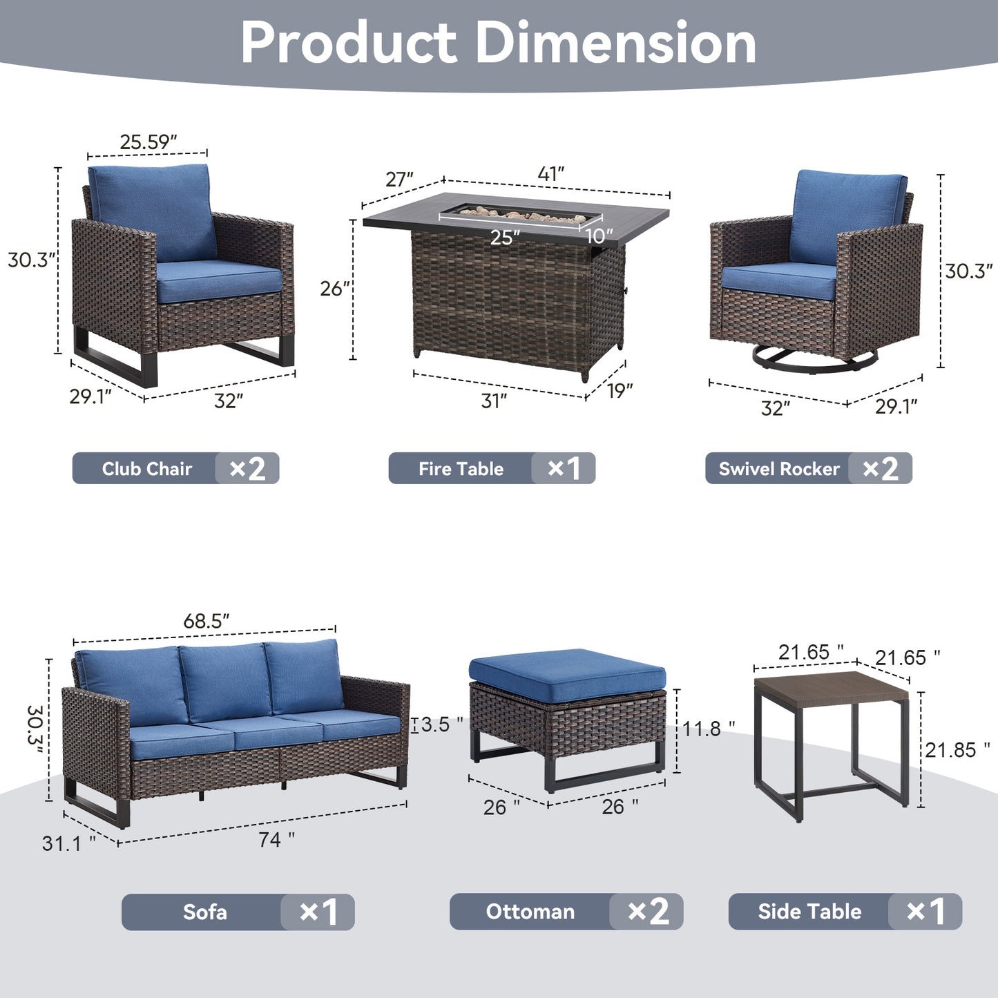 Patio Conversation Set 9-Piece with Sofa, Swivel Glider Chairs, Patio Chairs, Rectangular Adjustable Fire Pit Table, Side Table, and Ottoman, GRS Series