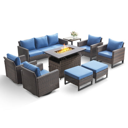 Patio Conversation Set 9-Piece with Sofa, Swivel Glider Chairs, Patio Chairs, Rectangular Adjustable Fire Pit Table, Side Table, and Ottoman, GRS Series