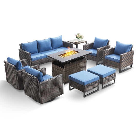Patio Conversation Set 9-Piece with Sofa, Swivel Glider Chairs, Patio Chairs, Rectangular Adjustable Fire Pit Table, Side Table, and Ottoman, GRS Series