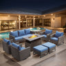 Belord 9-piece patio fire table set with adjustable rectangular fire pit table, outdoor seating and cushions, GRS Series.