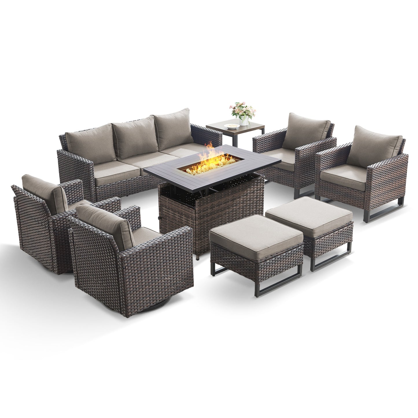 Patio Conversation Set 9-Piece with Sofa, Swivel Glider Chairs, Patio Chairs, Rectangular Adjustable Fire Pit Table, Side Table, and Ottoman, GRS Series