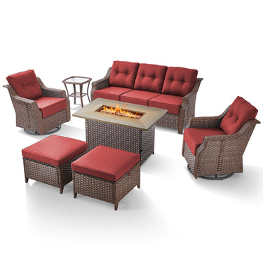 Outdoor Fire Pit Furniture Set - 7pc w/Swivel Glider Chairs & Thick 6" Cushions, Ovolo Series - Belord