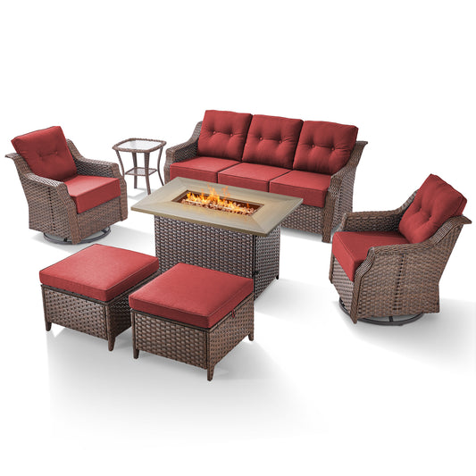 Outdoor Fire Pit Furniture Set - 7pc w/Swivel Glider Chairs & Thick 6" Cushions, Ovolo Series