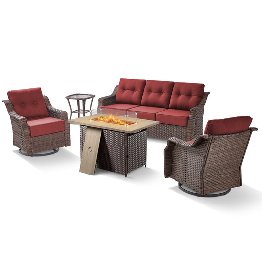 Luxury 7-Piece Outdoor Patio Set with Fire Pit Table - 41" Swivel Glider Chairs & Sofa, All-Weather Wicker with 6" Red Cushions, Ovolo Series